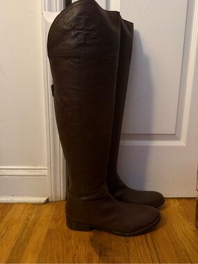 Tory Burch Dark Brown Tall Leather Riding Boots with Embossed Logo